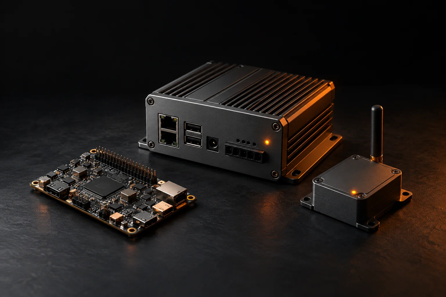 Industrial IoT gateway, microcontroller board, and wireless sensor with orange indicator lights