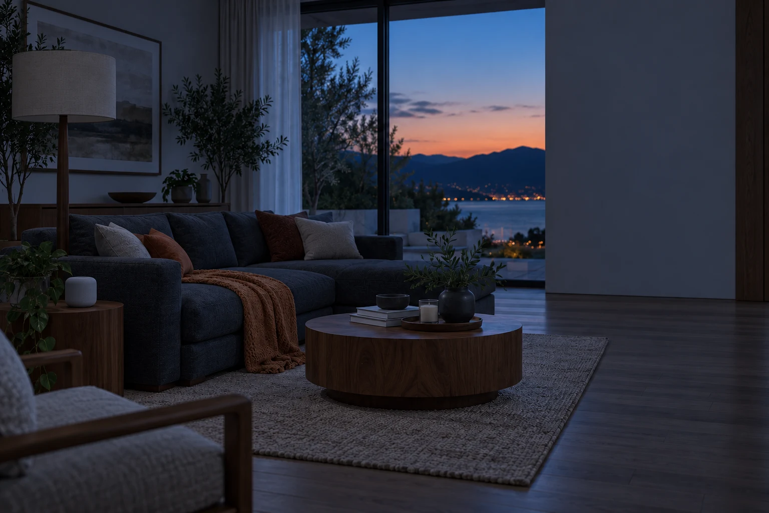 Contemporary living room with a sofa, floor lamp, and connected speaker